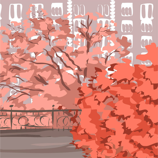 Staré podzimní město. Krásná krajina s parkem, budovou a červenými stromy. Vektorová ilustrace. Ručně kreslený barevný náčrt. Styl akvarelu - Vektor, obrázek
