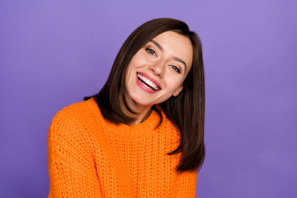 Photo of adorable lady beaming smile have good mood wear pullover isolated on violet color background. - Valokuva, kuva