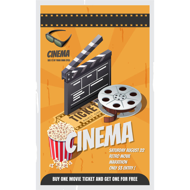 background poster for a movie, film strip, and ticket on a poster with popcorn, vector isometric illustration - Vector, Image