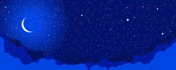 Gwiaździste nocne niebo z chmurami i półksiężycem. Wektorowe tło fantazji - Wektor, obraz