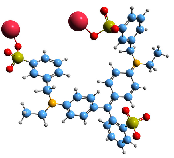  Imagen 3D de la brillante fórmula esquelética azul FCF - estructura química molecular del colorante azul aislado sobre fondo blanco - Foto, imagen