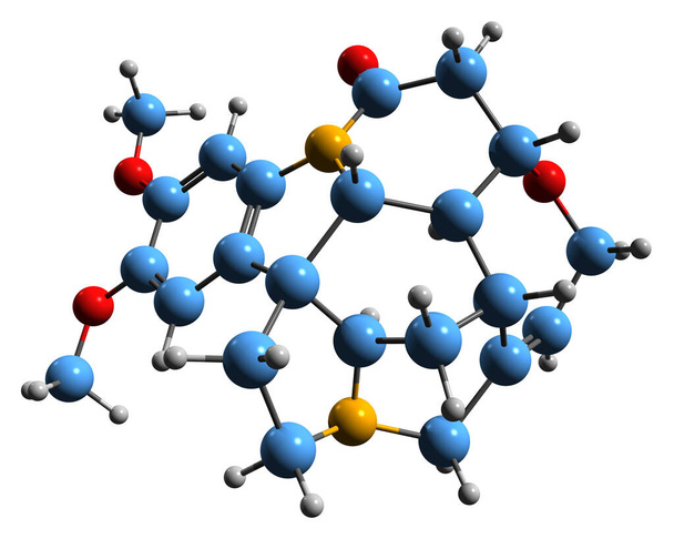  Obraz 3D formuły szkieletowej Brucine - molekularna struktura chemiczna alkaloidów izolowanych na białym tle - Zdjęcie, obraz