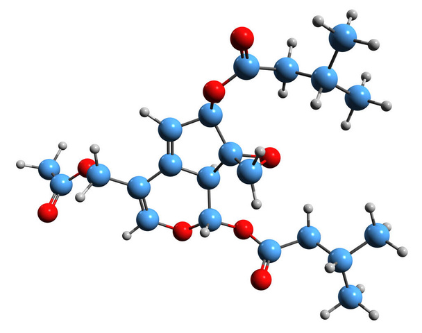  Obraz 3D formuły szkieletowej Valtrat - molekularna struktura chemiczna walerianowego składnika ziołowego izolowanego na białym tle - Zdjęcie, obraz