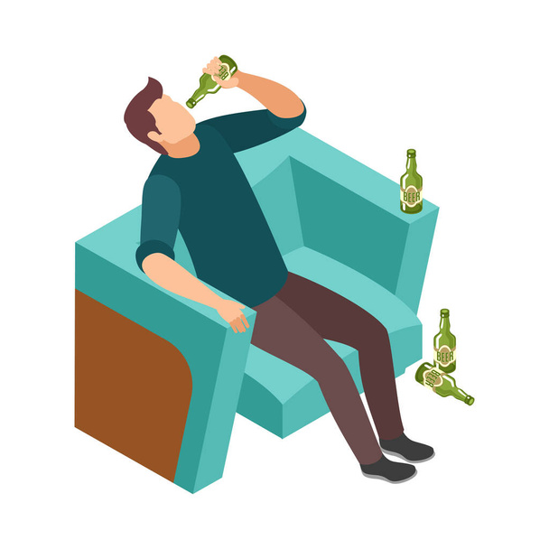 Alcoholische bier drinken in fauteuil met lege flessen rond 3d isometrische vector illustratie - Vector, afbeelding