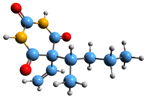  Obraz 3D formuły szkieletowej Vinylbital - molekularna struktura chemiczna barbituranu wyizolowanego na białym tle - Zdjęcie, obraz