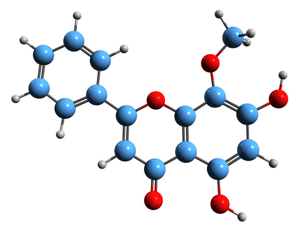  3D-Aufnahme der Wogonin-Skelettformel - molekulare chemische Struktur des O-methylierten Flavons isoliert auf weißem Hintergrund - Foto, Bild
