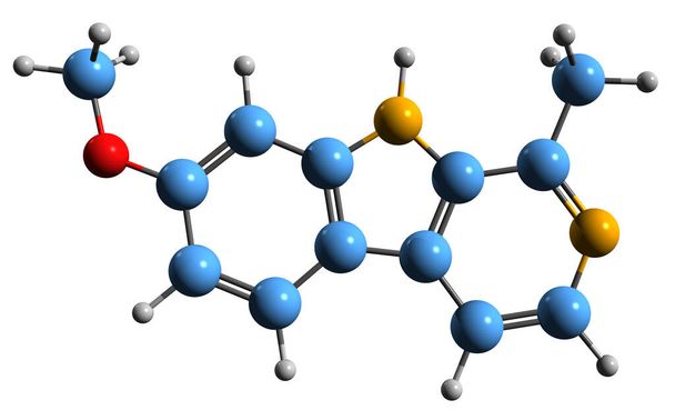  3D изображение скелетной формулы Хармине - молекулярная химическая структура бета-карболина, выделенная на белом фоне - Фото, изображение