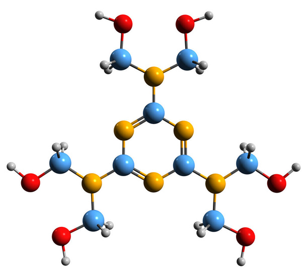  3D-Aufnahme der Hexamethylolmelamin-Skelettformel - molekulare chemische Struktur von Hexamethylol-Melamin isoliert auf weißem Hintergrund - Foto, Bild