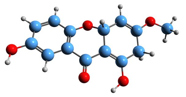 3D obraz Gentisin szkieletowy formuła - cząsteczkowa chemiczna struktura xanthone Gentisine izolowany na białym tle - Zdjęcie, obraz