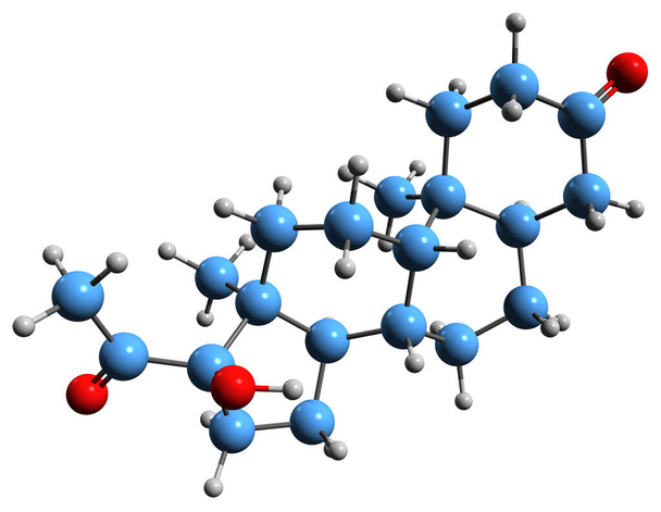 3D-Aufnahme der Hydroxyallopregnanedion-Skelettformel - molekulare chemische Struktur natürlich vorkommender Neurosteroide isoliert auf weißem Hintergrund - Foto, Bild