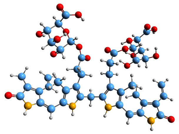  3D obraz kosterního vzorce Bilirubin glukuronidu - molekulárně chemická struktura Bilirubin monoglukuronidu izolovaného na bílém pozadí - Fotografie, Obrázek