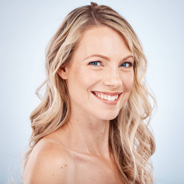 Beauty, skincare and hair care wellness of a woman happy about salon or facial treatment. Portrait of a model face smile with happiness about healthy hairstyle, balayage and cosmetic dermatology. - Photo, Image