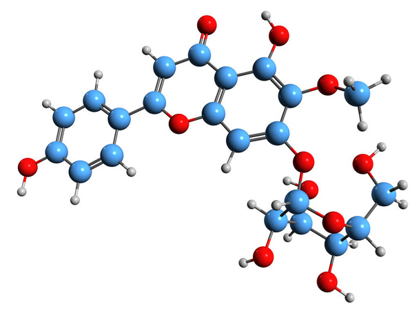  Imagen 3D de la fórmula esquelética de Homoplantaginina - estructura química molecular de hisidulina-7-glucósido aislado sobre fondo blanco - Foto, Imagen