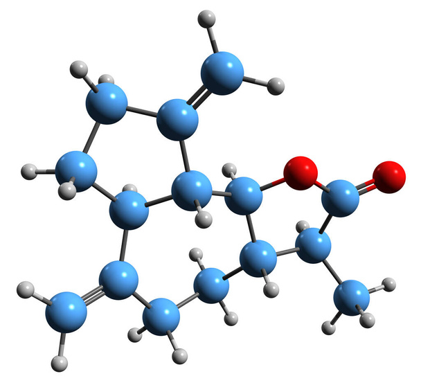  3D kép dihidro-zaluzanin C vázlatos formula - molekuláris kémiai szerkezete fitokémiai izolált fehér alapon - Fotó, kép
