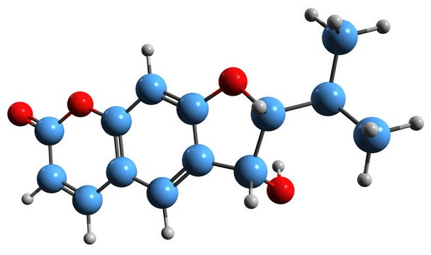  3D εικόνα του σκελετικού τύπου της διυδρο-οροσελόνης - μοριακή χημική δομή της κουμαρίνης απομονωμένη σε λευκό φόντο - Φωτογραφία, εικόνα