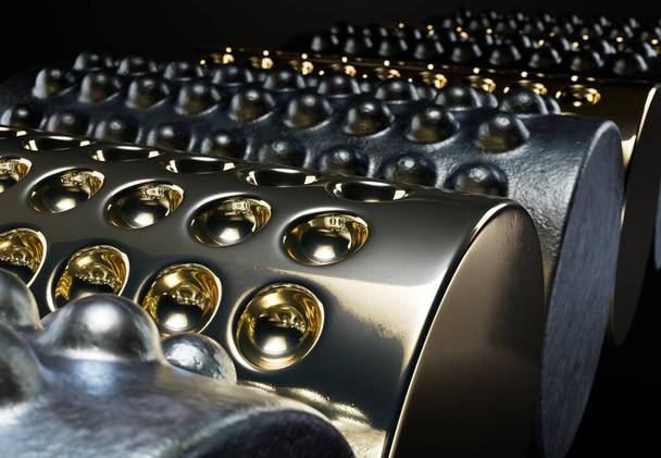 Serie abstracta de primer plano conceptual de tubos ilustrados 3D de hierro y oro con hoyuelos positivos y negativos en fila sobre un fondo oscuro. - Foto, Imagen