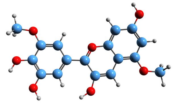  Wizerunek 3D wzoru szkieletowego Europinidyny - molekularna struktura chemiczna O-metylowanej antocyjanidyny izolowanej na białym tle - Zdjęcie, obraz