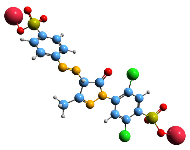  黄色2G骨格式の3D画像-白い背景に単離された食品着色の分子化学構造 - 写真・画像