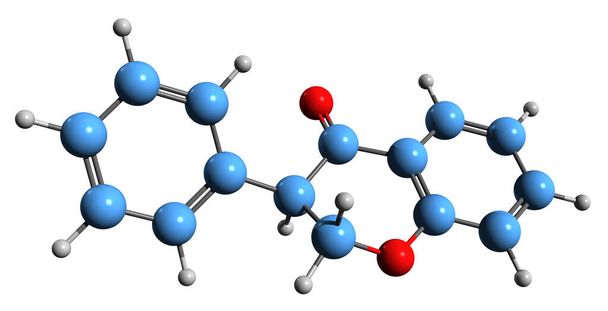 Obraz 3D wzoru szkieletowego izoflawanonu - molekularna struktura chemiczna 3-fenylochromanu-4-onu izolowanego na białym tle - Zdjęcie, obraz