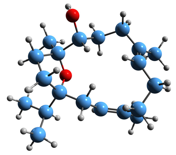 3D obraz formuły szkieletowej Incensole - molekularna struktura chemiczna alkoholu cembrene diterpene wyizolowanego na białym tle - Zdjęcie, obraz