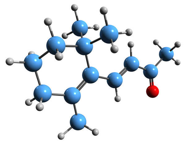  Imagen 3D de la fórmula esquelética de ionona - estructura química molecular de la cetona de rosa aislada sobre fondo blanco - Foto, Imagen