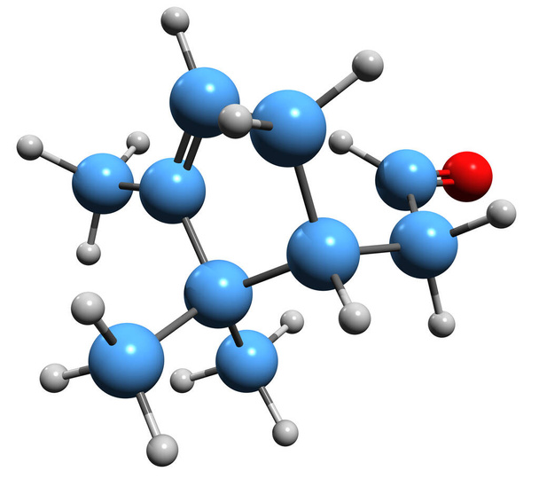  3D obraz alfa-Campholenal wzór szkieletowy - struktura chemiczna molekularna aldehydu Campholene izolowane na białym tle - Zdjęcie, obraz
