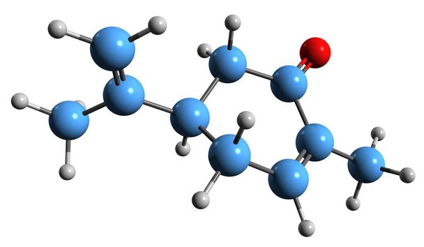 Imagen 3D de la fórmula esquelética Carvone - estructura química molecular del terpenoide aislado sobre fondo blanco - Foto, Imagen