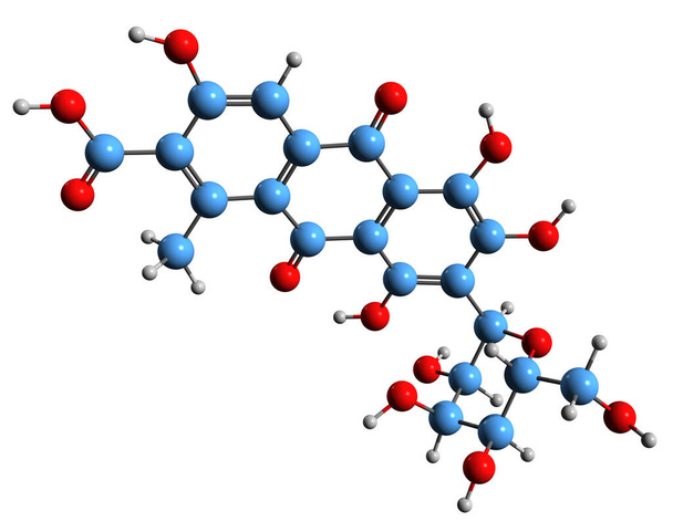  A kárminsav vázképlet 3D-s képe - a fehér alapon izolált kármintó molekuláris kémiai szerkezete - Fotó, kép
