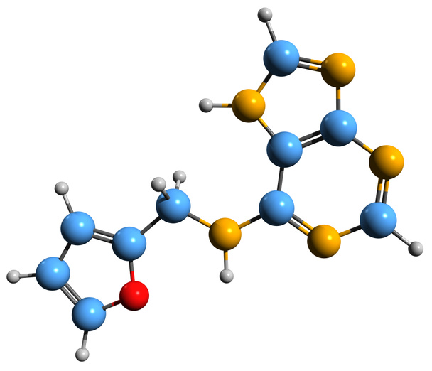  Obraz 3D formuły szkieletowej kinetyny - molekularna struktura chemiczna hormonu roślinnego cytokininy wyizolowanej na białym tle - Zdjęcie, obraz