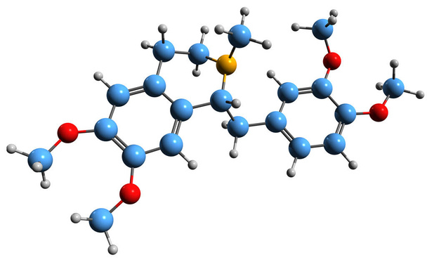3D-beeld van Laudanosine skeletformule - moleculaire chemische structuur van N-methyltetrahydropapaverine geïsoleerd op witte achtergrond - Foto, afbeelding