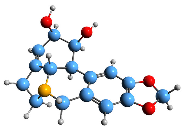  3D obraz kosterního vzorce lycorinu - molekulárně chemická struktura toxického alkaloidu izolovaného na bílém pozadí - Fotografie, Obrázek