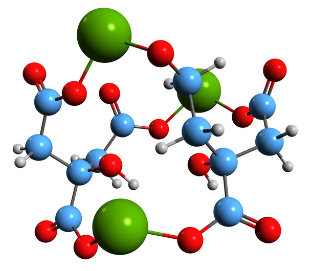  3D-beeld van Magnesium citraat skelet formule - moleculaire chemische structuur van voedingssupplement geïsoleerd op witte achtergrond - Foto, afbeelding