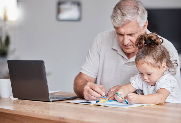 Drawing, color and grandfather with girl in home writing, bonding and doing fun art activity together. Family, love and grandpa sitting at table with young child coloring, using crayons and relax. - Fotoğraf, Görsel