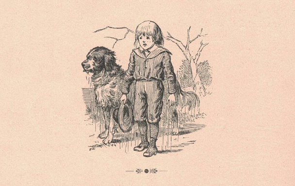 Black and white antique illustration shows a drenched boy and dog . Vintage illustration shows soaked boy and dog. Old picture from fairy tale book. Storybook illustration published 1910. A fairy tale, fairytale, wonder tale, magic tale, fairy story  - Photo, Image