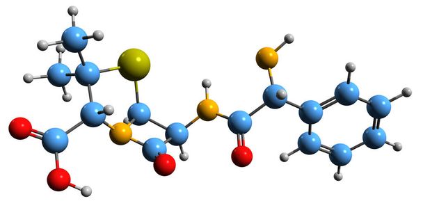  A metampicillin vázképlet 3D-s képe - a fehér alapon izolált penicillin antibiotikum molekuláris kémiai szerkezete - Fotó, kép