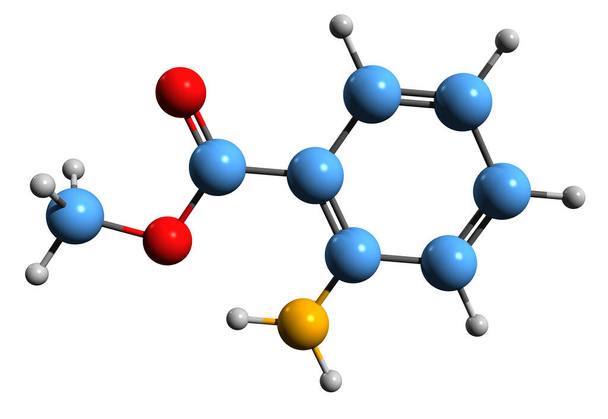  3D-Aufnahme der Methylanthranilat-Skelettformel - molekulare chemische Struktur von Methyl2-Aminobenzoat isoliert auf weißem Hintergrund - Foto, Bild