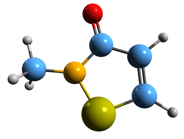  3D εικόνα του σκελετικού τύπου της μεθυλισοθειαζολινόνης - μοριακή χημική δομή του βιοκτόνου 2-μεθυλο-4-ισοθειαζολιν-3-όνης, απομονωμένη σε λευκό φόντο - Φωτογραφία, εικόνα