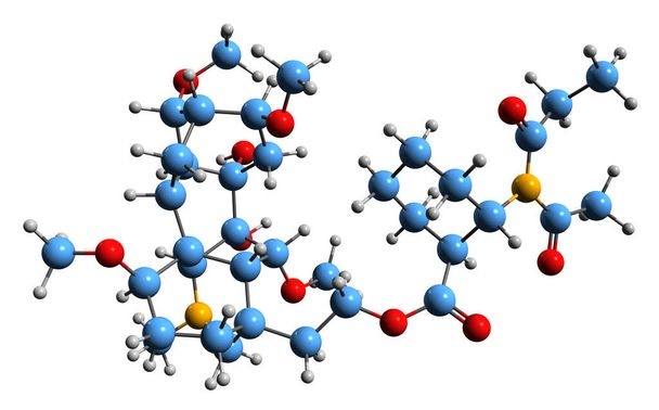  3D εικόνα του σκελετικού τύπου της μεθυλολυκονιτίνης - μοριακή χημική δομή του διτερπενοειδούς αλκαλοειδούς που απομονώνεται σε λευκό φόντο - Φωτογραφία, εικόνα