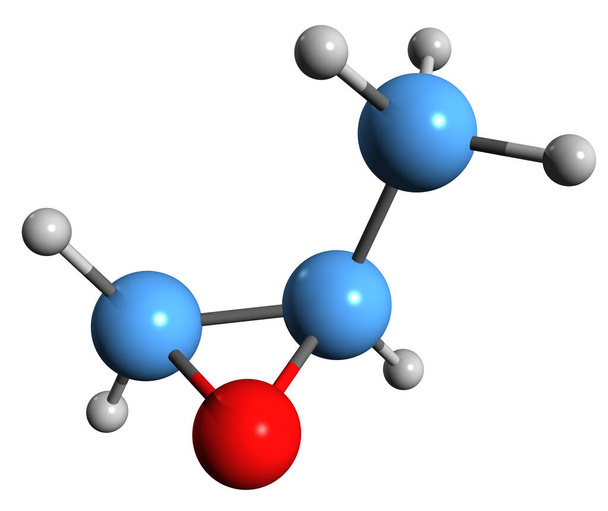 プロピレン酸化物骨格式の3D画像-白色背景に分離されたメトキシキシランの分子化学構造 - 写真・画像
