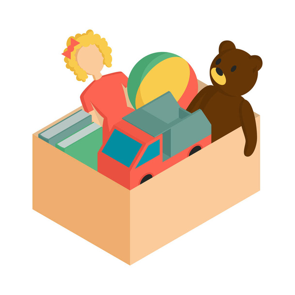 Icono de concepto de donación isométrica con juguetes y libros en caja ilustración vectorial 3d - Vector, imagen