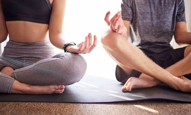 Couple, yoga and meditation for fitness, wellness or balance together for health, peace or workout. Zen, healthy man and woman meditate, in position for breathing exercise or quality time for bonding. - Fotografie, Obrázek