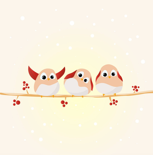 Wintervogels roodborstjes zittend op besneeuwde takken van bergas. Plat eenvoudige vlek stijl - Vector, afbeelding