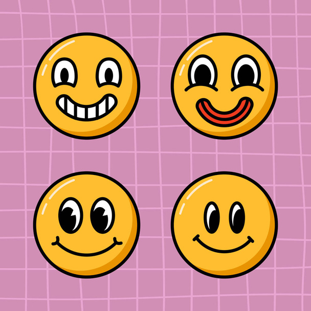 Vektorové groovy úsměv tváře kolekci. Karikatura emoji nastavit ve stylu 80. let na kostkované fialové pozadí. - Vektor, obrázek