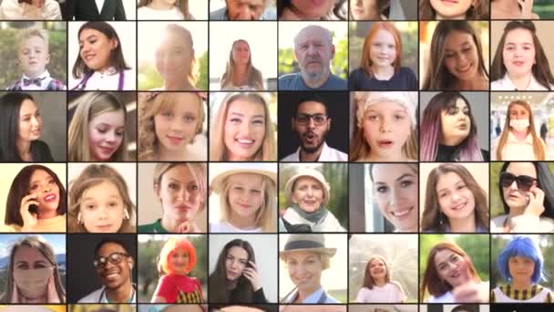Collage vidéo de personnes. Un grand nombre de visages différents de femmes et d'hommes - Séquence, vidéo