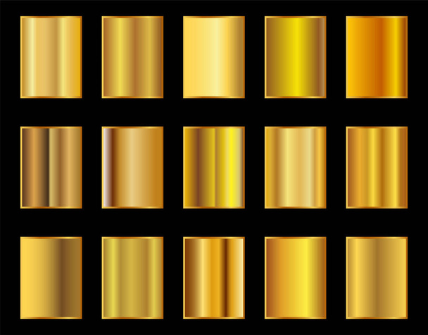 Set of gold foil texture background. Golden, copper, brass and metal gradient template. Vector illustration - Wektor, obraz
