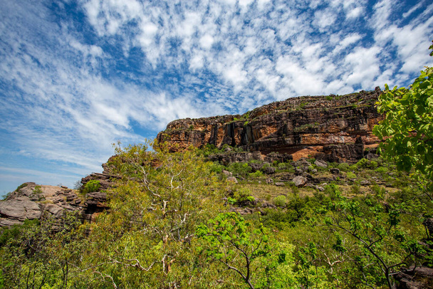 The towering cliff tops of Burrungkui (Nourlangie), an outlying formation of the Arhnem Land Escarpment, seen from the Gunwarddehawarde lookout in Kakadu National Park. - Photo, image
