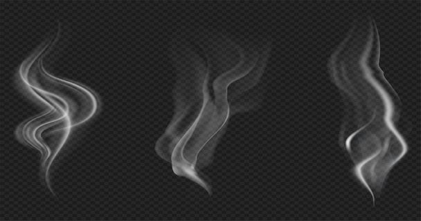Sada realistického průhledného kouře nebo páry v bílých a šedých barvách, pro použití na tmavém pozadí. Průhlednost pouze ve vektorovém formátu - Vektor, obrázek