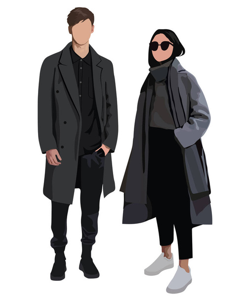 Vector fashion illustration of stylish pretty girl and handsome stylish man. Stylish couple. Relationships. Fall winter illustration. Romantic couple - Vector, Image