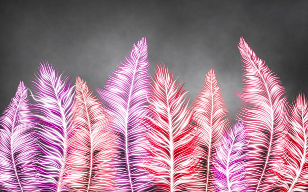 Beautiful decorative neon pink and violet feathers on a dark grey background. Interior printing. The mural art.Great for teenagers interior or beauty salon. wallpapers.  - Photo, Image