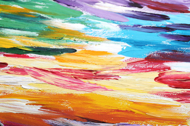 Beautiful strokes of colorful oil paints on white canvas as background, closeup - Zdjęcie, obraz